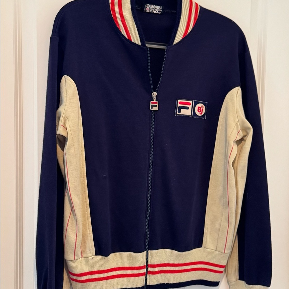 Retro FILA Bjorn Burg - made in Italy, Navy & Cream Zip-Up Jacket, lg (sz 44 US)